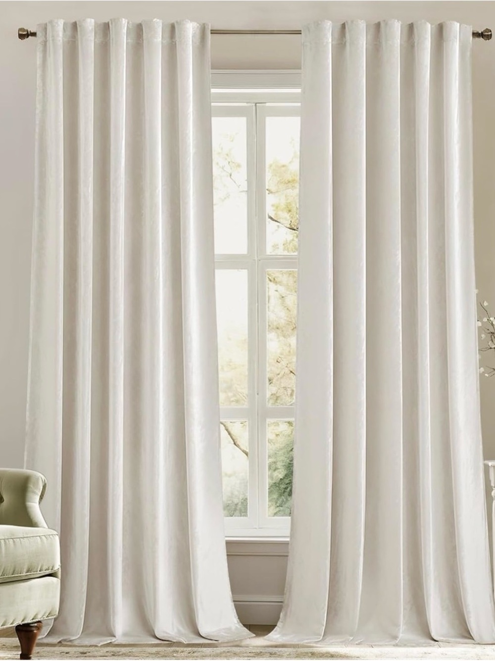 Elegant White Window Curtains - Soft Velvet Drapery Room Darkening Panels